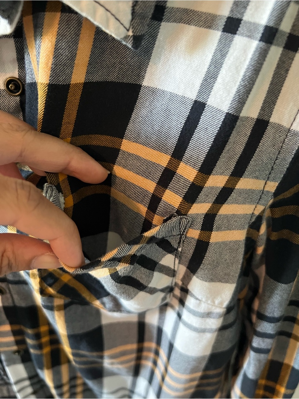 Arizona Jeans Plaid Button-Up Shirt in Black, White & Mustard - Picture 4 of 8